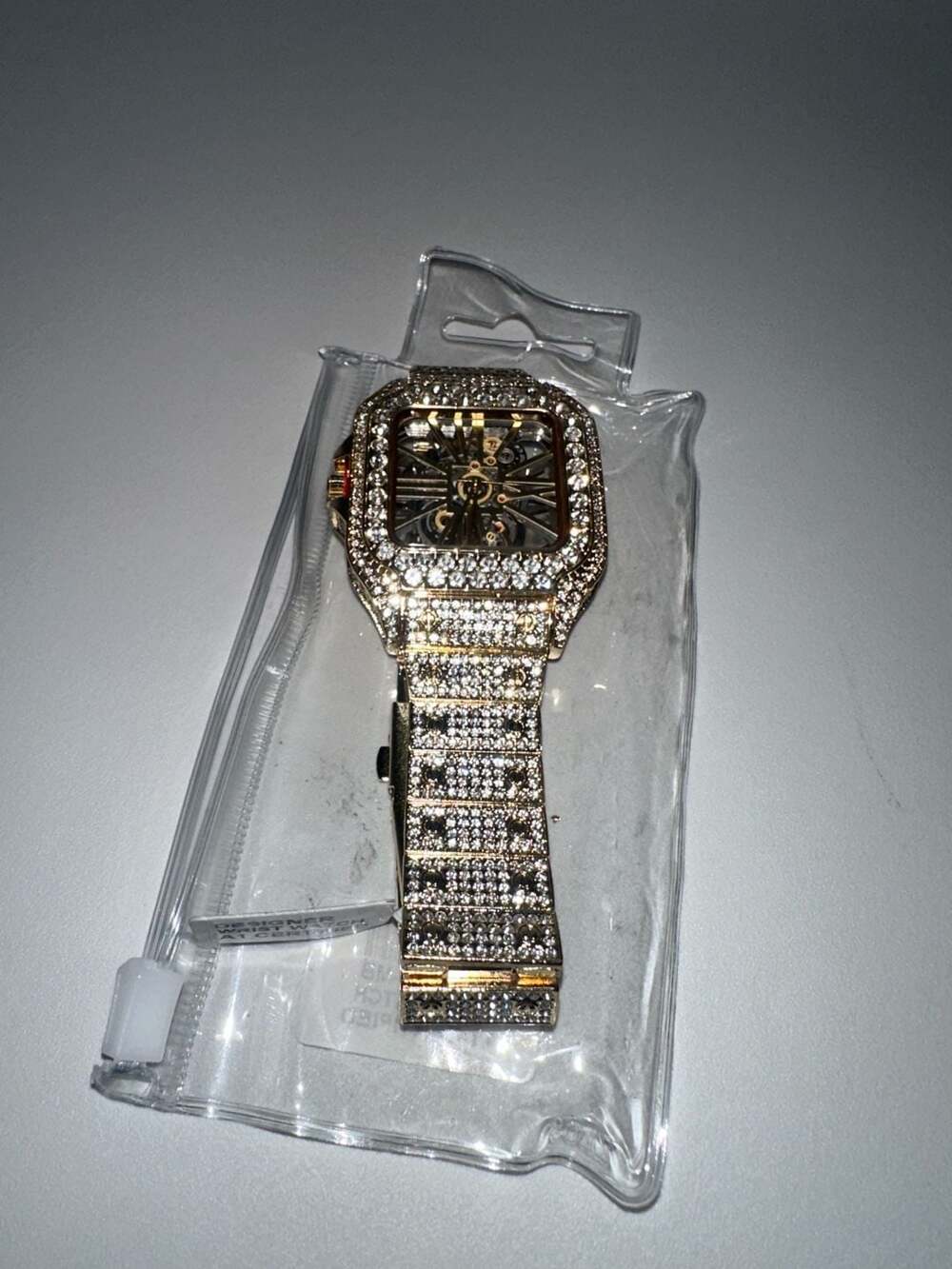Techno Pave Square Skeleton Iced Out Watch Gold Diamond